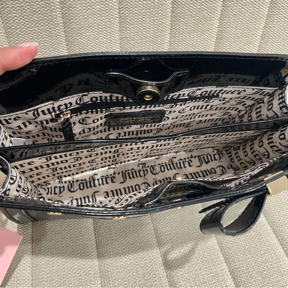 NEW‎ Juicy Couture Black Patent Monogram Bow Crossbody Bag Gold Chain